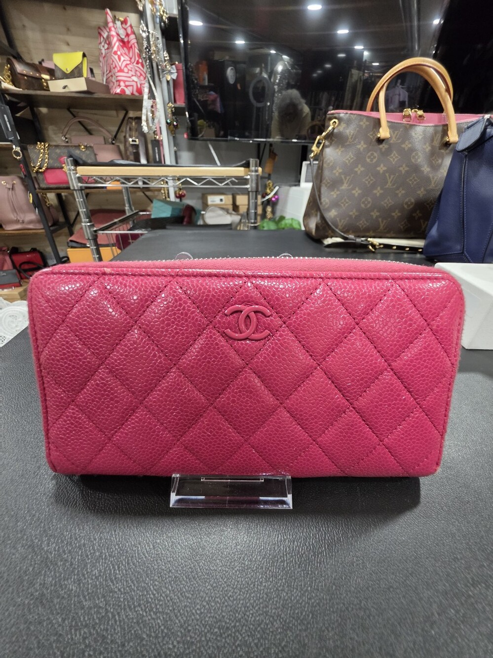 Chanel Pink Quilted Cavier Leather Zip Wallet - Black Card/COA